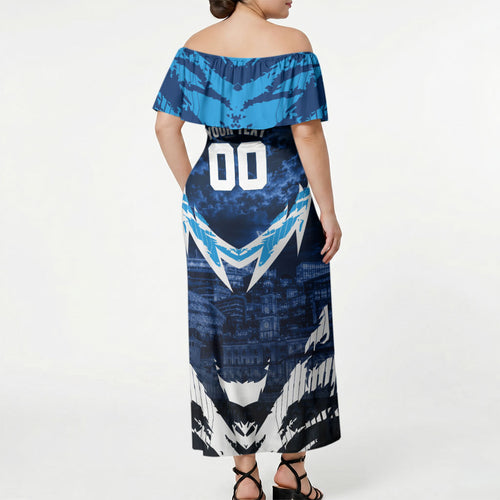 Personalised Geelong Cat Football Off Shoulder Maxi Dress Electric Blue Mascot Charging Cityscape
