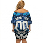 Personalised Geelong Cat Football Off Shoulder Short Dress Electric Blue Mascot Charging Cityscape