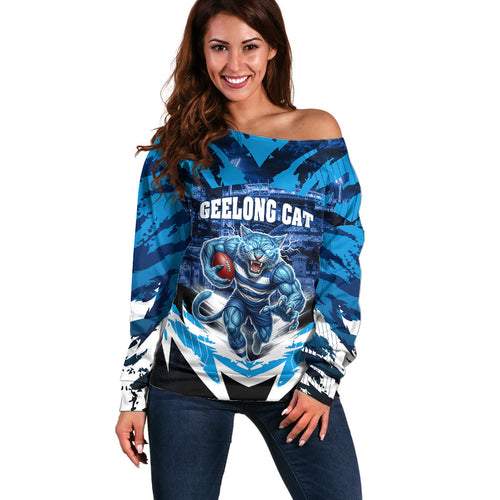 Personalised Geelong Cat Football Off Shoulder Sweater Electric Blue Mascot Charging Cityscape
