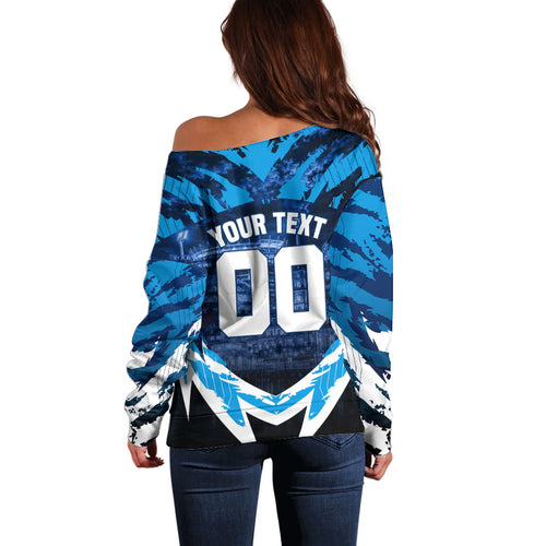 Personalised Geelong Cat Football Off Shoulder Sweater Electric Blue Mascot Charging Cityscape