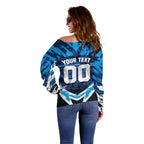Personalised Geelong Cat Football Off Shoulder Sweater Electric Blue Mascot Charging Cityscape