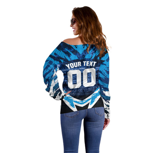 Personalised Geelong Cat Football Off Shoulder Sweater Electric Blue Mascot Charging Cityscape