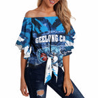 Personalised Geelong Cat Football Off Shoulder Wrap Waist Top Electric Blue Mascot Charging Cityscape
