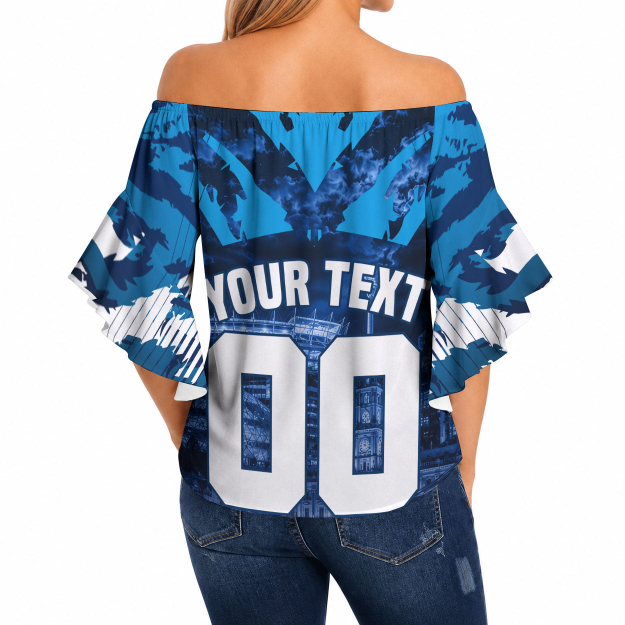 Personalised Geelong Cat Football Off Shoulder Wrap Waist Top Electric Blue Mascot Charging Cityscape