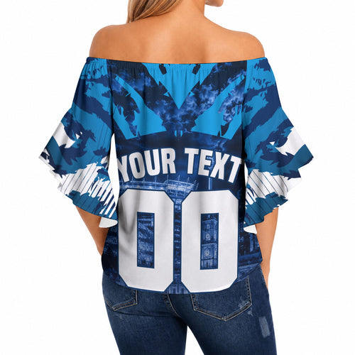 Personalised Geelong Cat Football Off Shoulder Wrap Waist Top Electric Blue Mascot Charging Cityscape