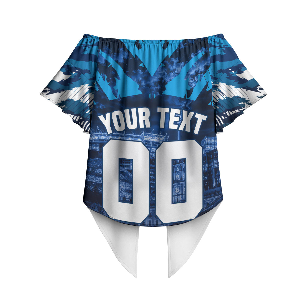 Personalised Geelong Cat Football Off Shoulder Wrap Waist Top Electric Blue Mascot Charging Cityscape