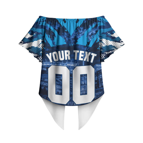 Personalised Geelong Cat Football Off Shoulder Wrap Waist Top Electric Blue Mascot Charging Cityscape