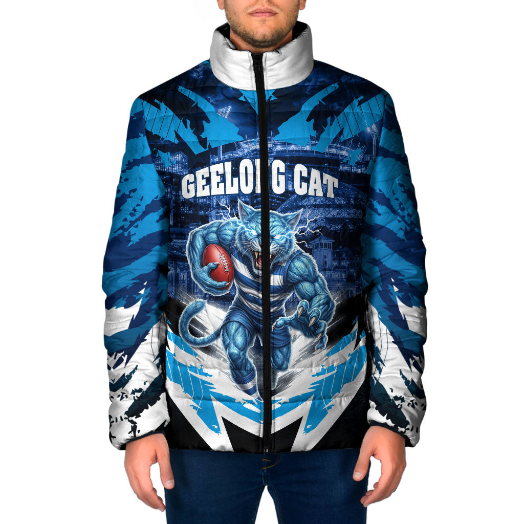 Personalised Geelong Cat Football Padded Jacket Electric Blue Mascot Charging Cityscape