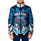 Personalised Geelong Cat Football Padded Jacket Electric Blue Mascot Charging Cityscape