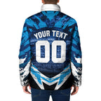 Personalised Geelong Cat Football Padded Jacket Electric Blue Mascot Charging Cityscape