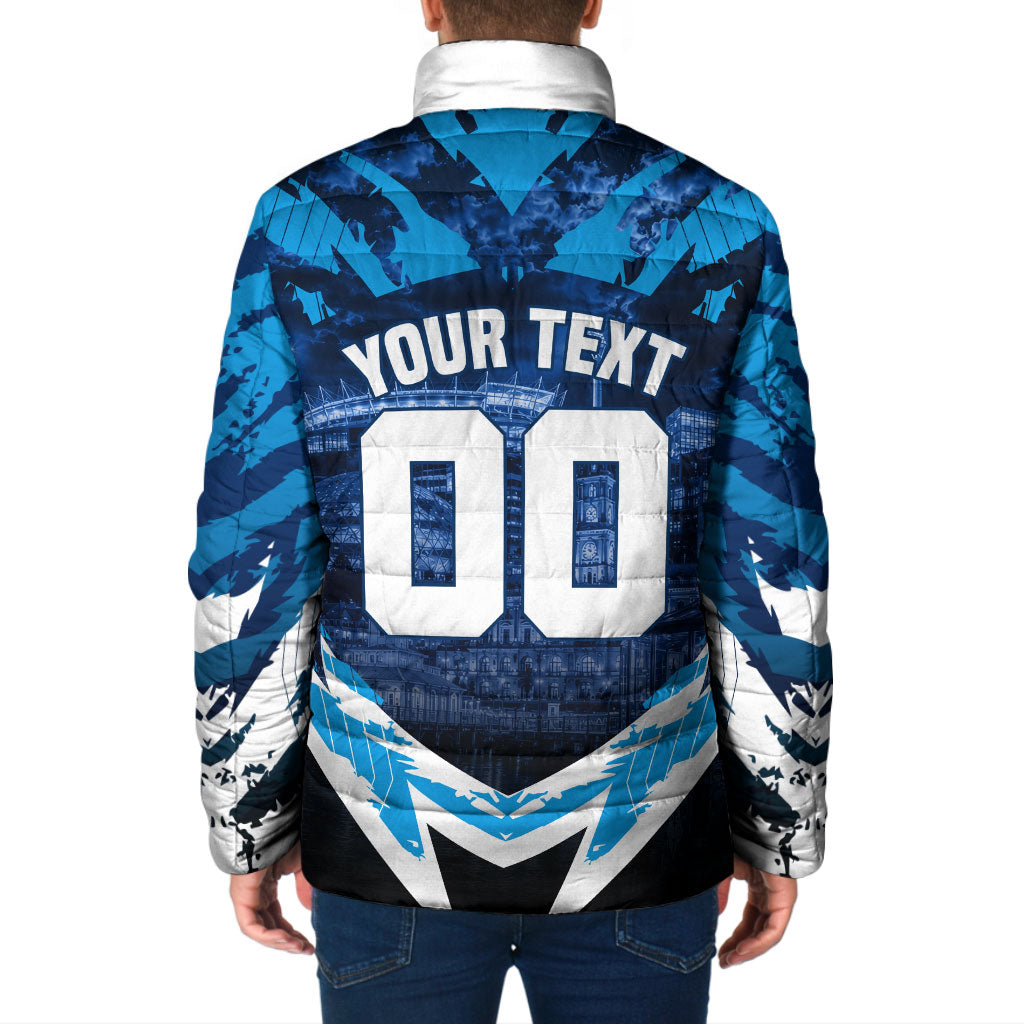 Personalised Geelong Cat Football Padded Jacket Electric Blue Mascot Charging Cityscape