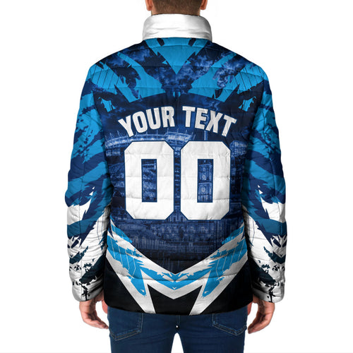 Personalised Geelong Cat Football Padded Jacket Electric Blue Mascot Charging Cityscape