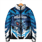 Personalised Geelong Cat Football Padded Jacket Electric Blue Mascot Charging Cityscape