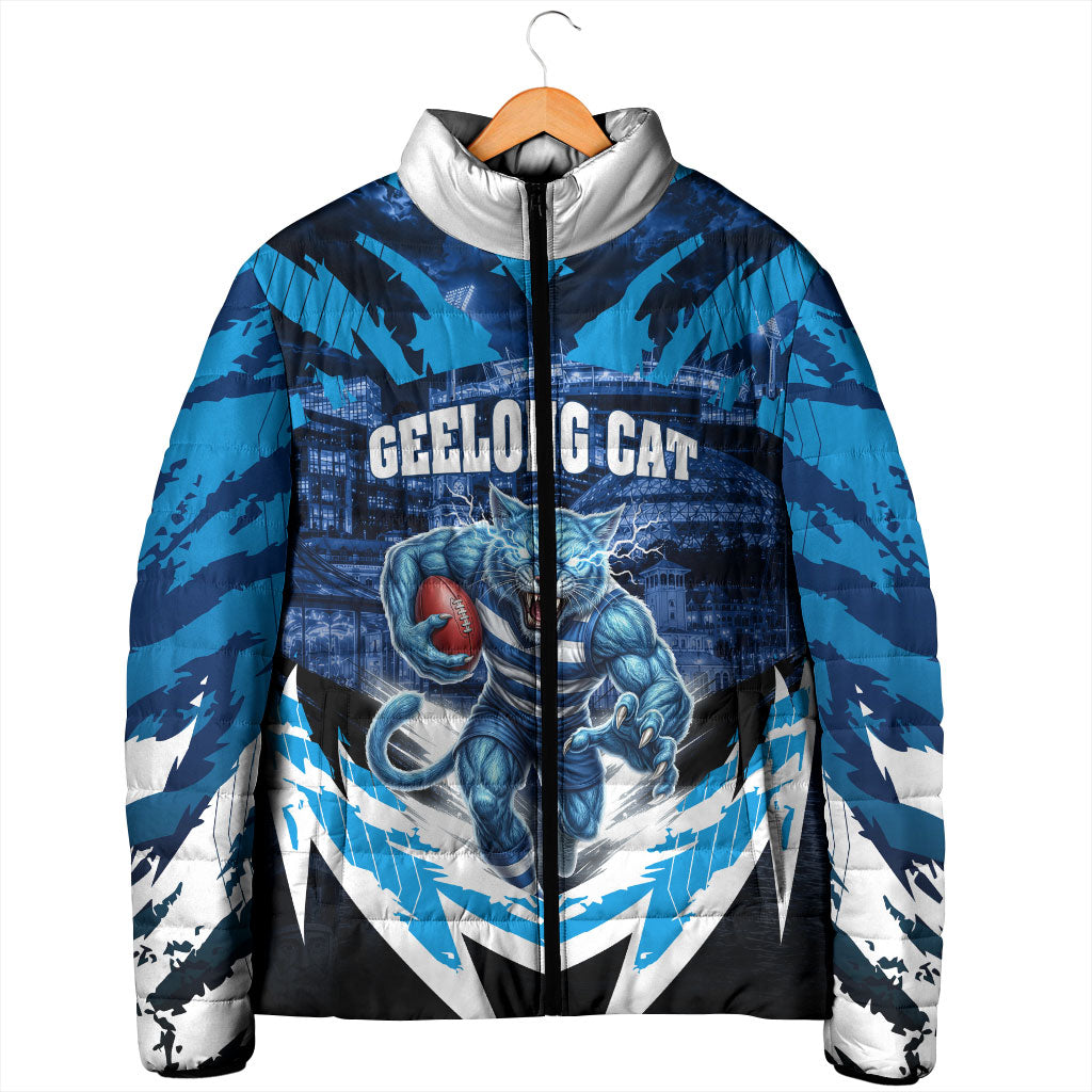 Personalised Geelong Cat Football Padded Jacket Electric Blue Mascot Charging Cityscape