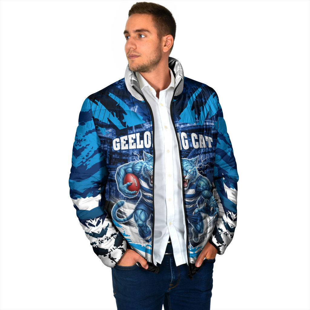 Personalised Geelong Cat Football Padded Jacket Electric Blue Mascot Charging Cityscape