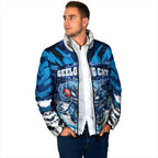 Personalised Geelong Cat Football Padded Jacket Electric Blue Mascot Charging Cityscape