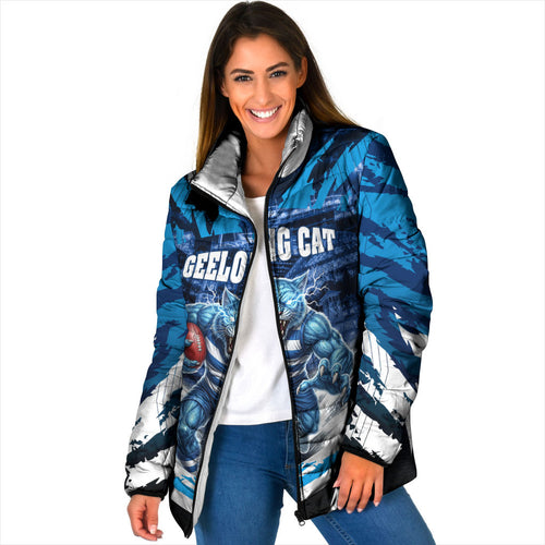 Personalised Geelong Cat Football Padded Jacket Electric Blue Mascot Charging Cityscape