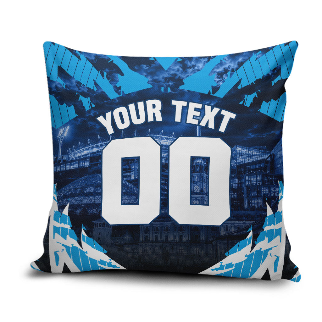 Personalised Geelong Cat Football Pillow Cover Electric Blue Mascot Charging Cityscape