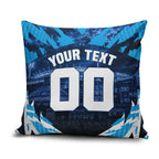 Personalised Geelong Cat Football Pillow Cover Electric Blue Mascot Charging Cityscape