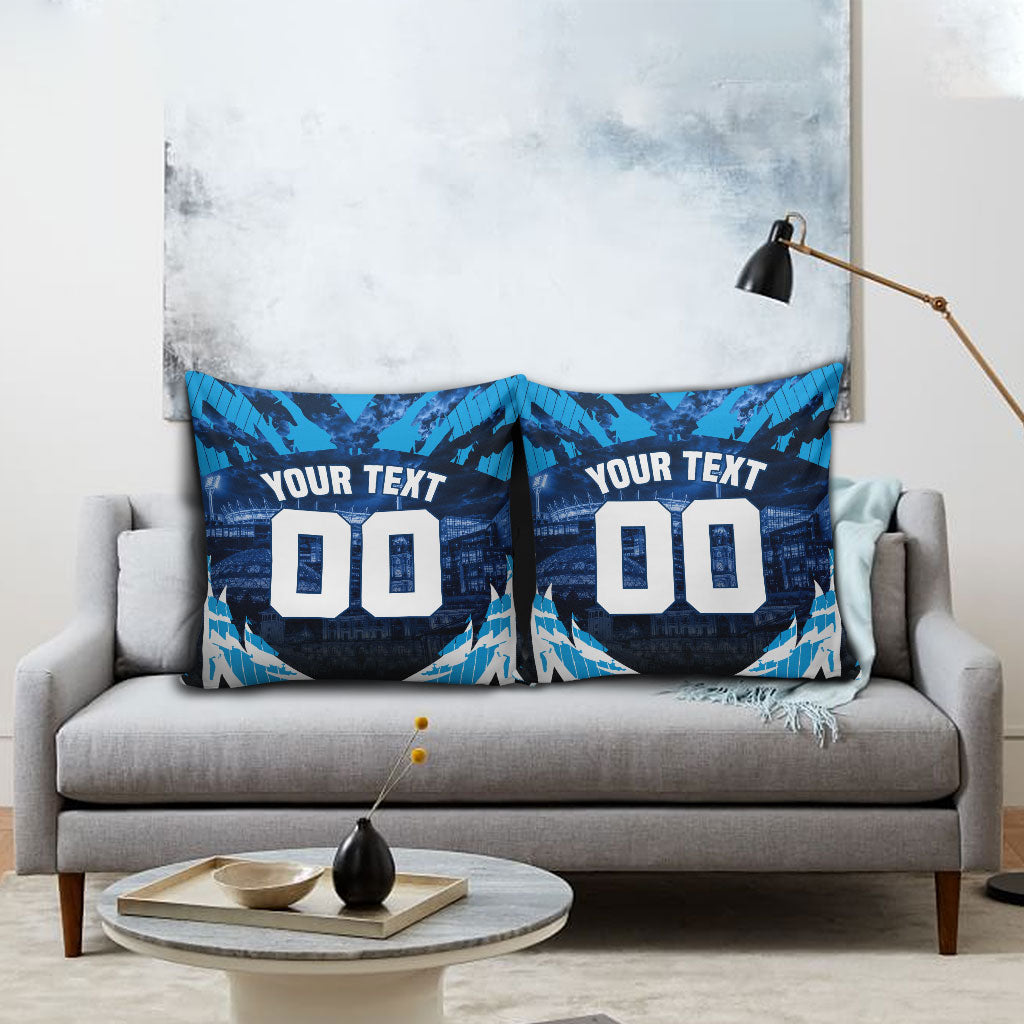 Personalised Geelong Cat Football Pillow Cover Electric Blue Mascot Charging Cityscape