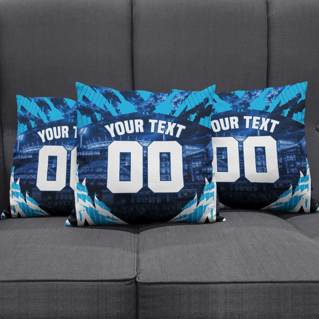 Personalised Geelong Cat Football Pillow Cover Electric Blue Mascot Charging Cityscape