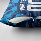 Personalised Geelong Cat Football Pillow Cover Electric Blue Mascot Charging Cityscape