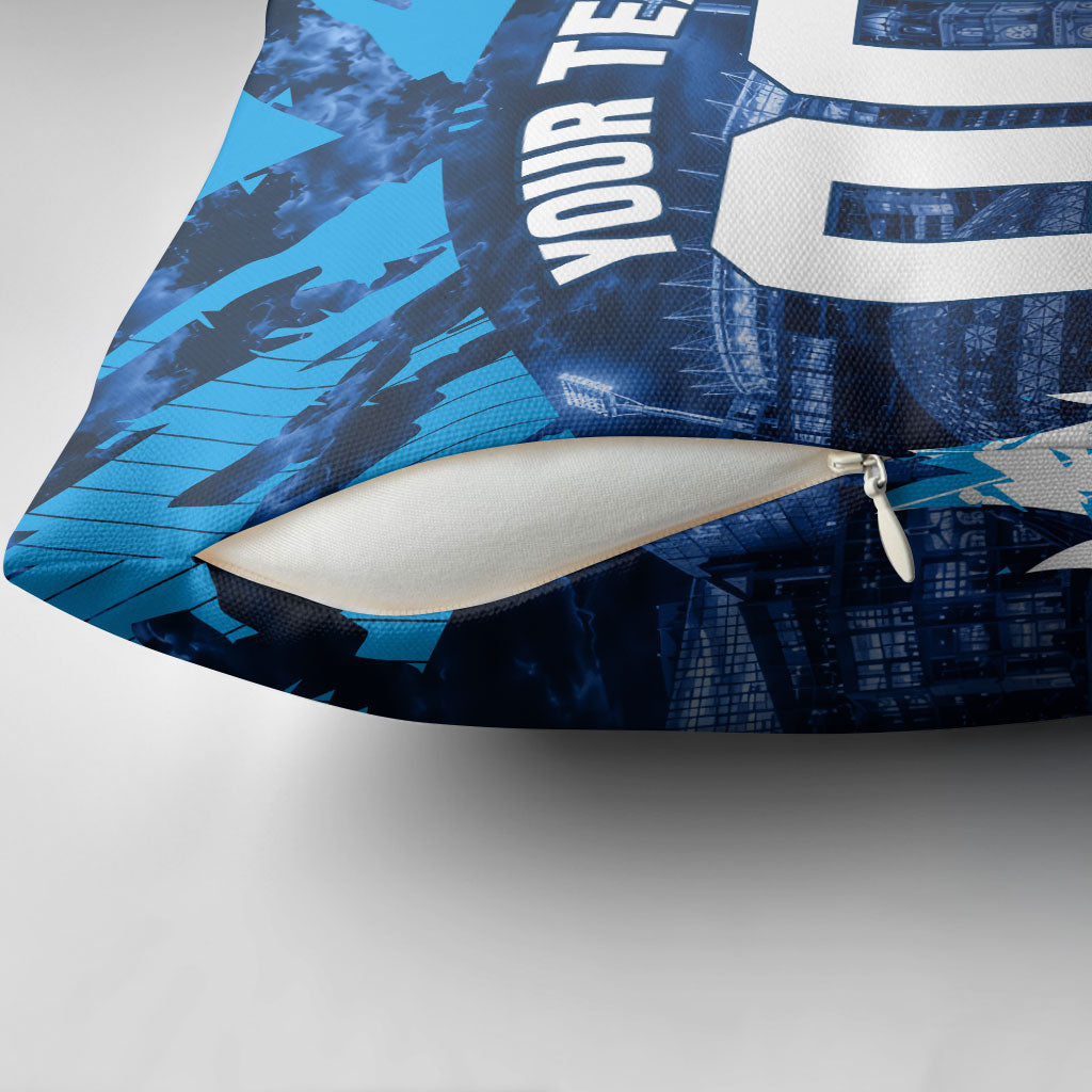Personalised Geelong Cat Football Pillow Cover Electric Blue Mascot Charging Cityscape
