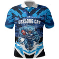 Personalised Geelong Cat Football Polo Shirt Electric Blue Mascot Charging Cityscape