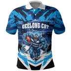 Personalised Geelong Cat Football Polo Shirt Electric Blue Mascot Charging Cityscape