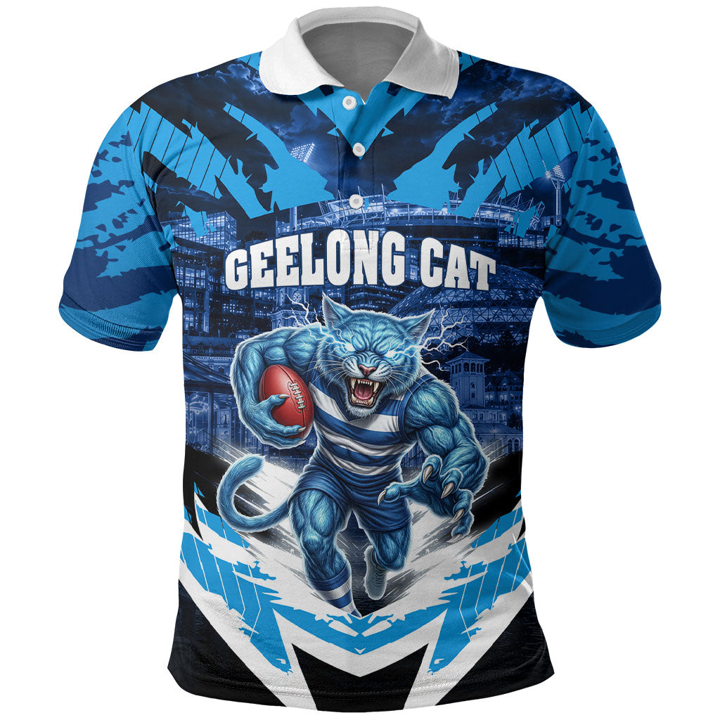 Personalised Geelong Cat Football Polo Shirt Electric Blue Mascot Charging Cityscape