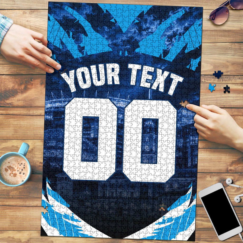 Personalised Geelong Cat Football Puzzle Electric Blue Mascot Charging Cityscape