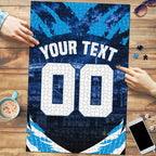 Personalised Geelong Cat Football Puzzle Electric Blue Mascot Charging Cityscape