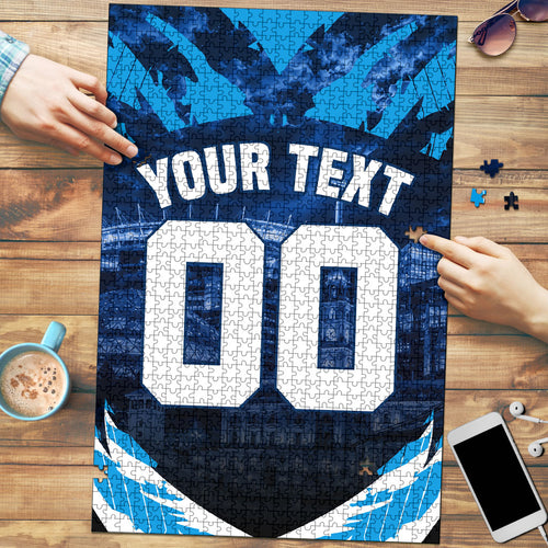 Personalised Geelong Cat Football Puzzle Electric Blue Mascot Charging Cityscape