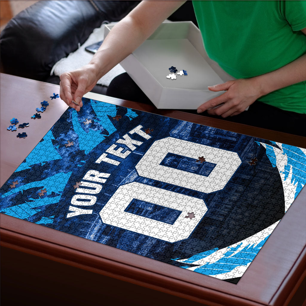 Personalised Geelong Cat Football Puzzle Electric Blue Mascot Charging Cityscape