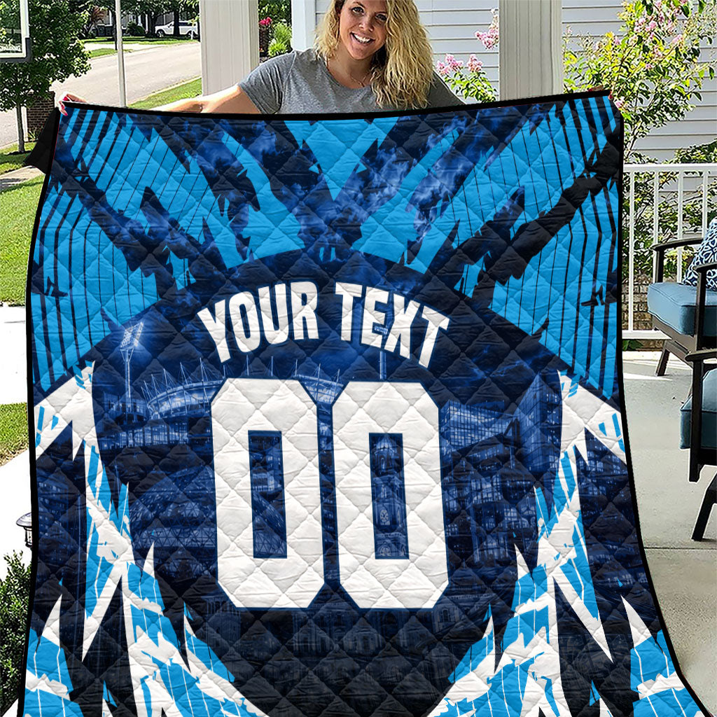 Personalised Geelong Cat Football Quilt Electric Blue Mascot Charging Cityscape