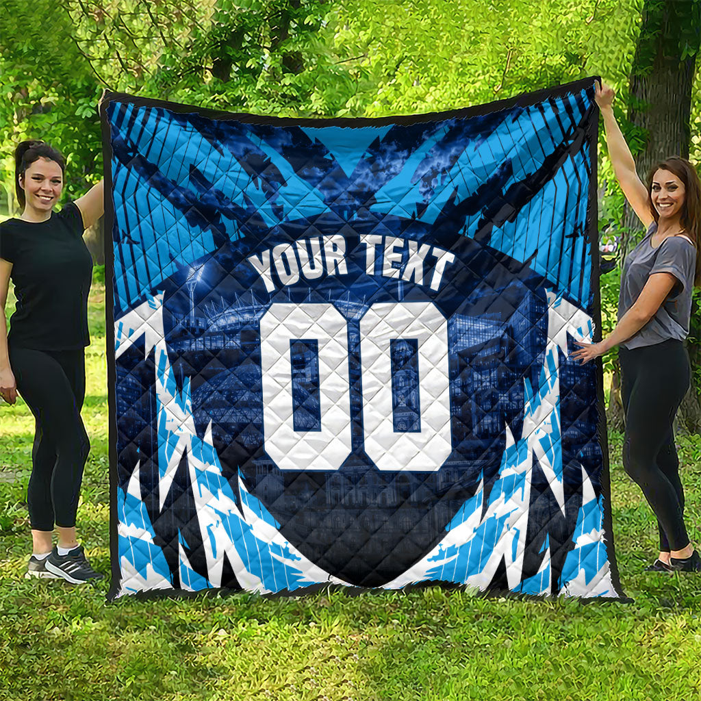 Personalised Geelong Cat Football Quilt Electric Blue Mascot Charging Cityscape