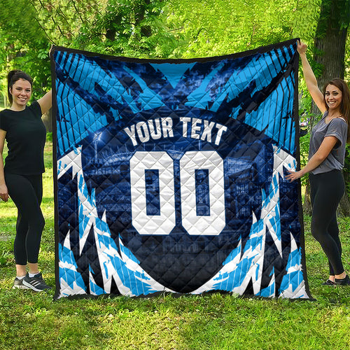 Personalised Geelong Cat Football Quilt Electric Blue Mascot Charging Cityscape