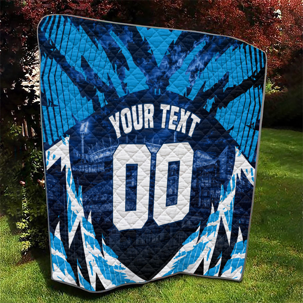 Personalised Geelong Cat Football Quilt Electric Blue Mascot Charging Cityscape