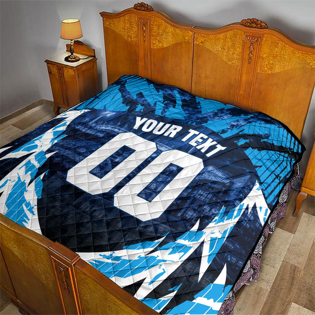 Personalised Geelong Cat Football Quilt Electric Blue Mascot Charging Cityscape