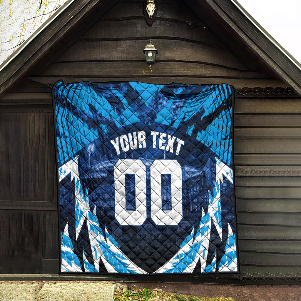 Personalised Geelong Cat Football Quilt Electric Blue Mascot Charging Cityscape