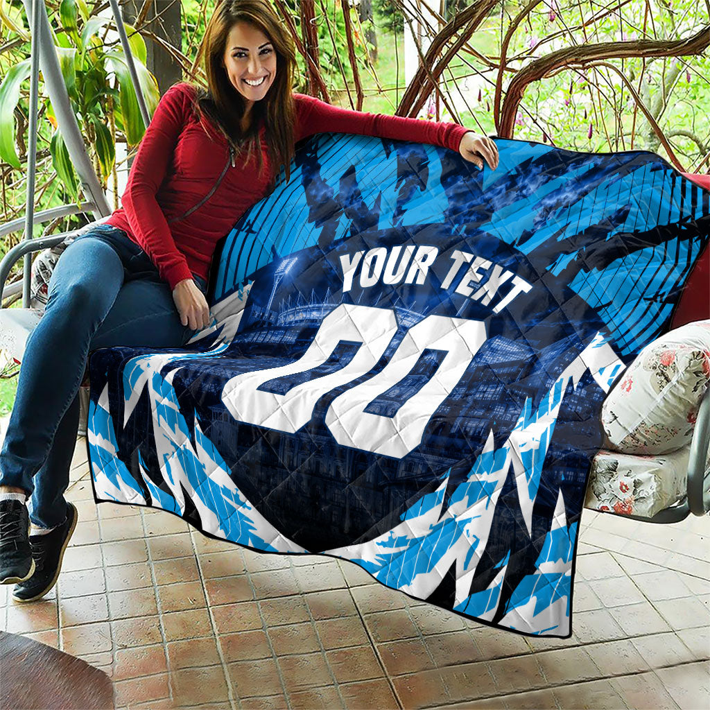 Personalised Geelong Cat Football Quilt Electric Blue Mascot Charging Cityscape
