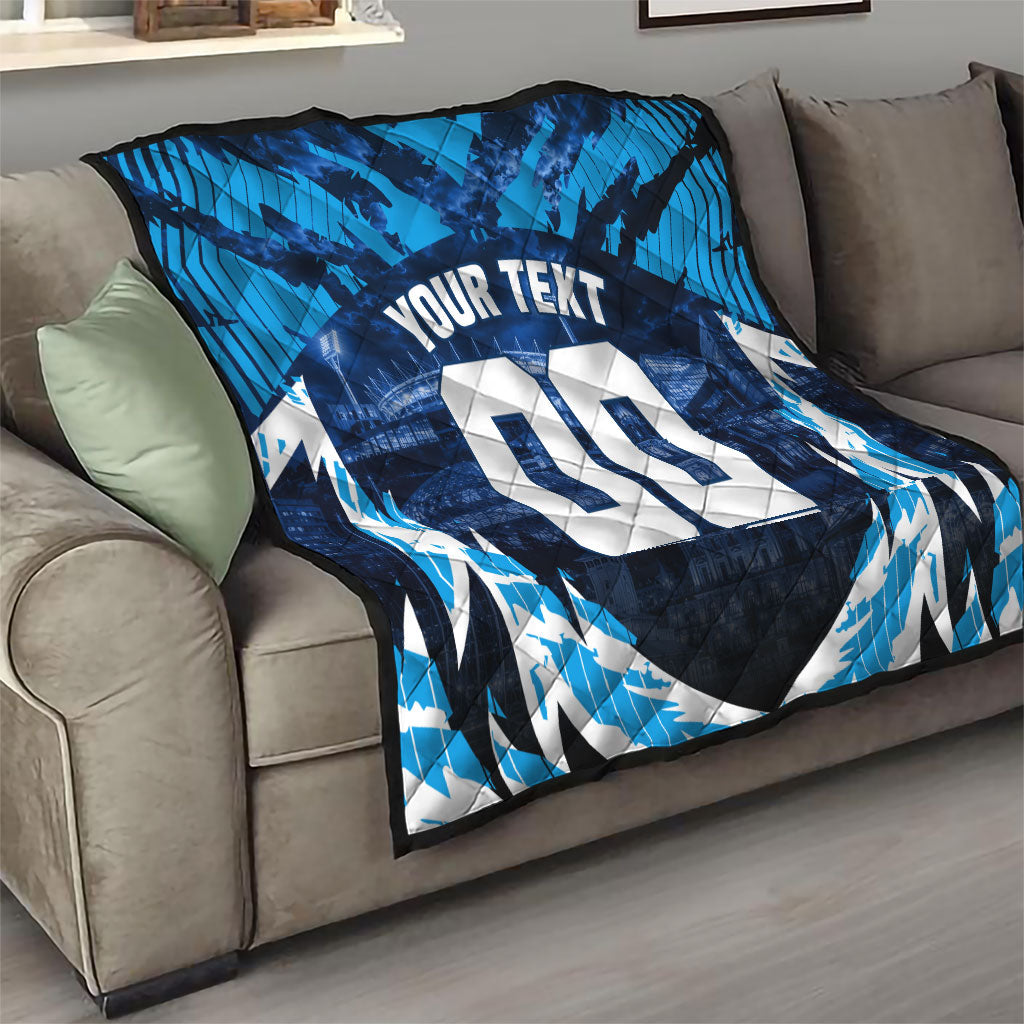 Personalised Geelong Cat Football Quilt Electric Blue Mascot Charging Cityscape