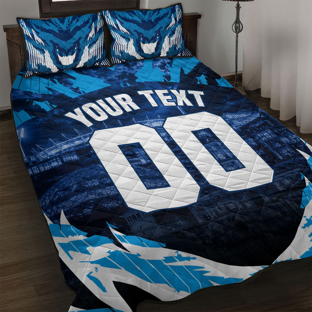 Personalised Geelong Cat Football Quilt Bed Set Electric Blue Mascot Charging Cityscape