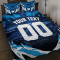 Personalised Geelong Cat Football Quilt Bed Set Electric Blue Mascot Charging Cityscape