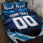 Personalised Geelong Cat Football Quilt Bed Set Electric Blue Mascot Charging Cityscape
