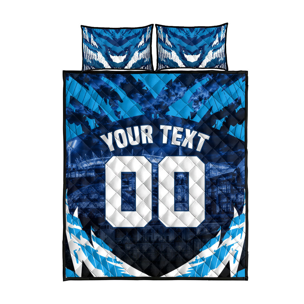 Personalised Geelong Cat Football Quilt Bed Set Electric Blue Mascot Charging Cityscape