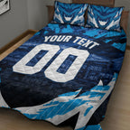 Personalised Geelong Cat Football Quilt Bed Set Electric Blue Mascot Charging Cityscape
