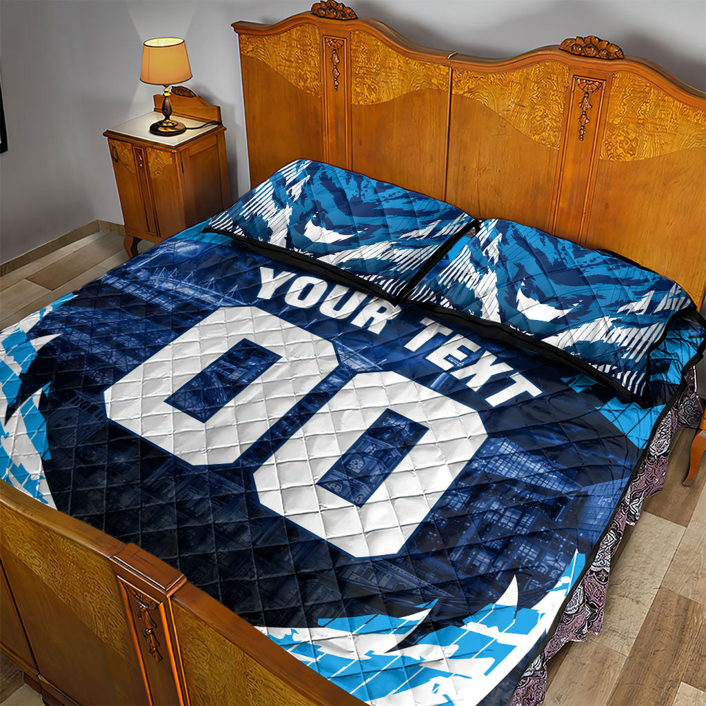 Personalised Geelong Cat Football Quilt Bed Set Electric Blue Mascot Charging Cityscape