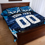 Personalised Geelong Cat Football Quilt Bed Set Electric Blue Mascot Charging Cityscape