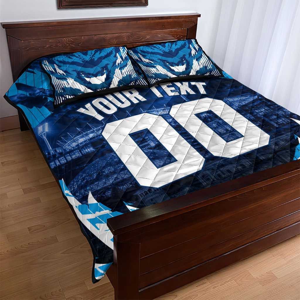 Personalised Geelong Cat Football Quilt Bed Set Electric Blue Mascot Charging Cityscape